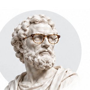 Marble bust of Narristotle, a classical philosopher wearing modern tortoiseshell glasses